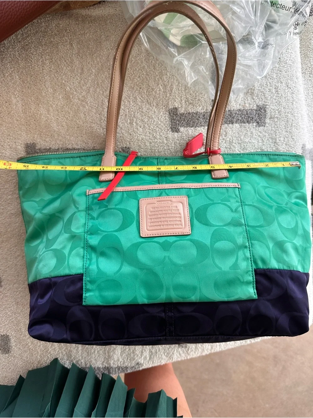 Coach Green Nylon Tote with Tan Handles and Navy Base
